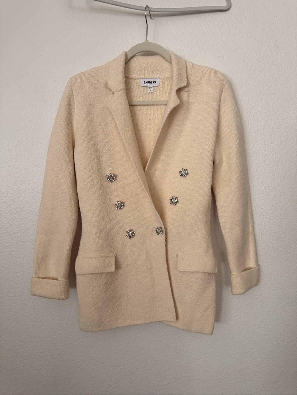 Express Cream Double-Breasted Blazer with Jeweled Buttons